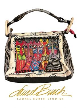 Laurel Burch Cream Multicolor Cat Canvas Shoulder Bag